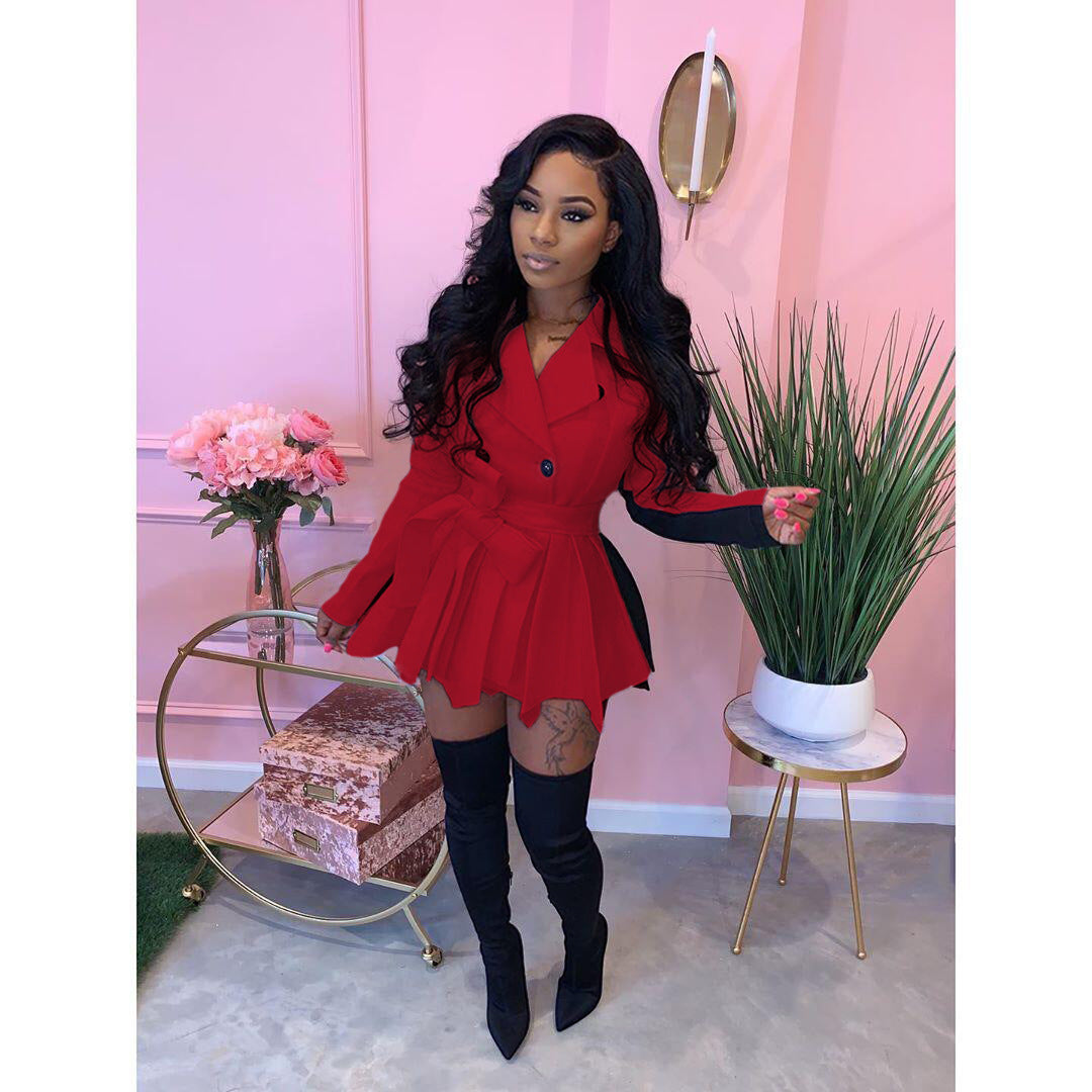 Women Solid Color Block Long Sleeve Casual Dress 11