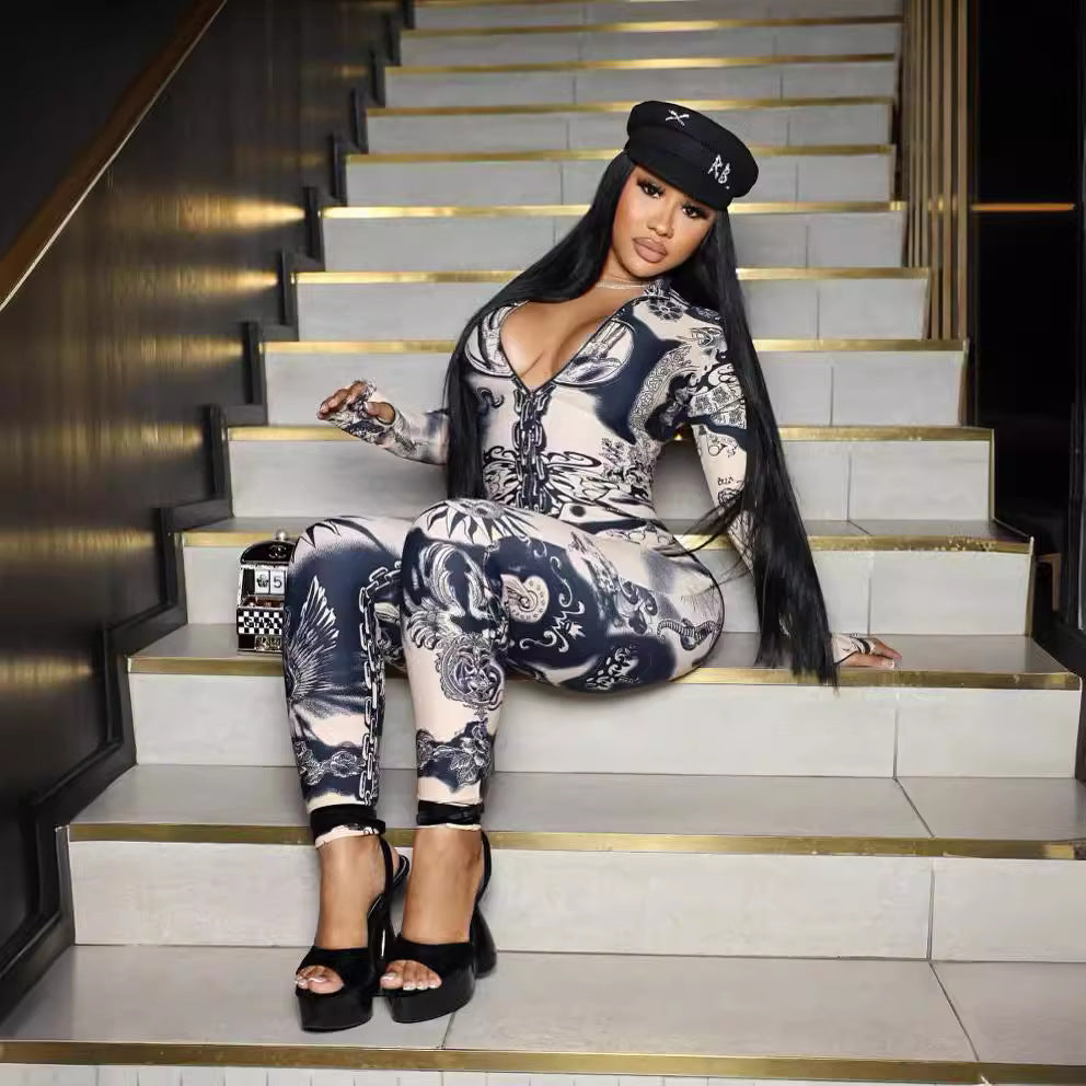 Spring Women's Clothing Sexy Printed Long Sleeve Tight Fitting Jumpsuit 4