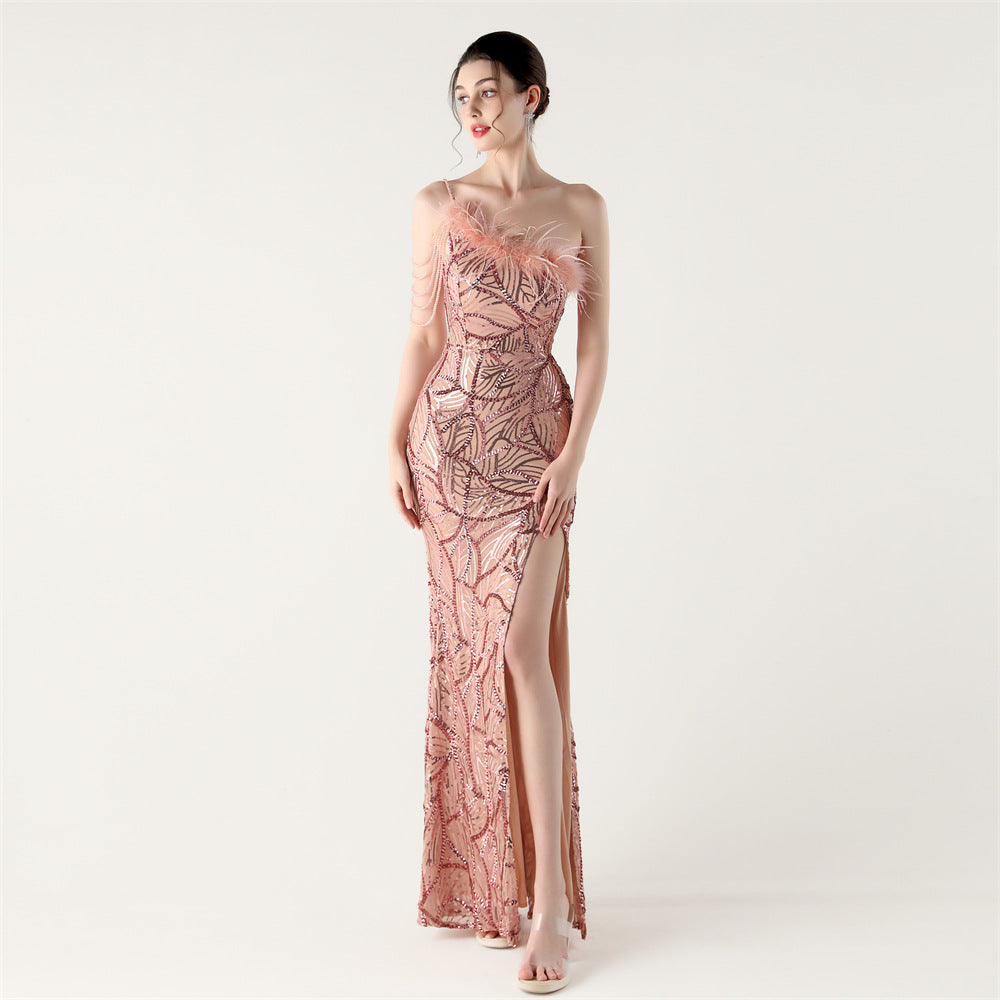 One-Shoulder Sequin Feather Low Back Slim Evening Dress 12