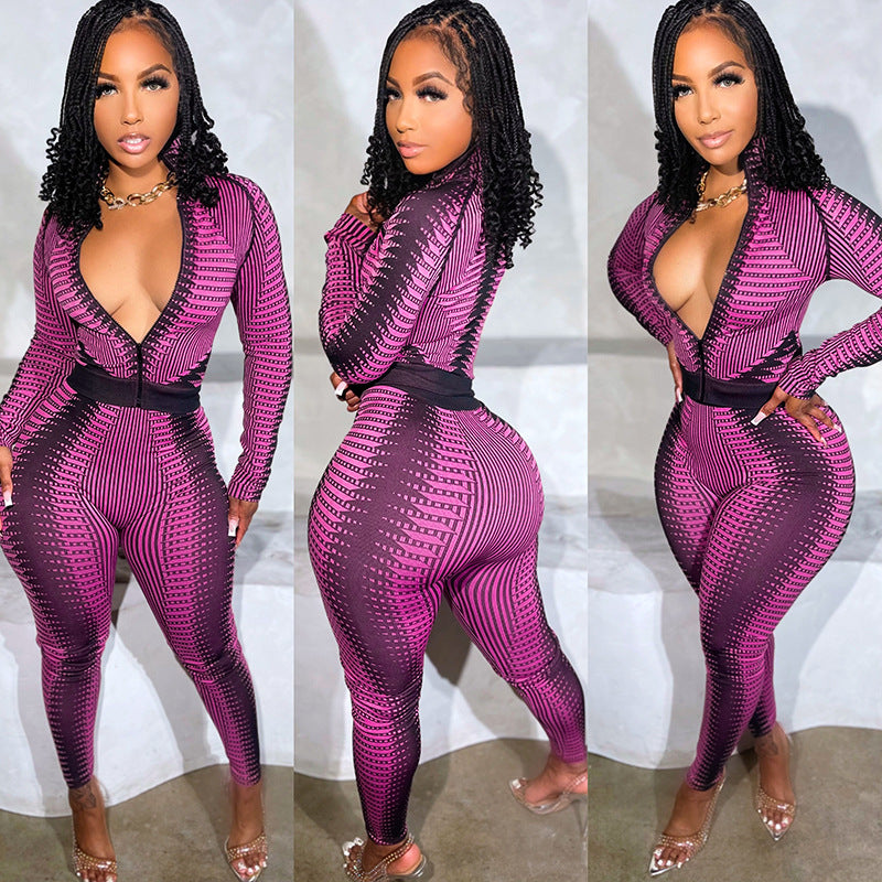 Women's autumn and winter contrast stripe print Stand Collar zipper top trousers yoga suit 3