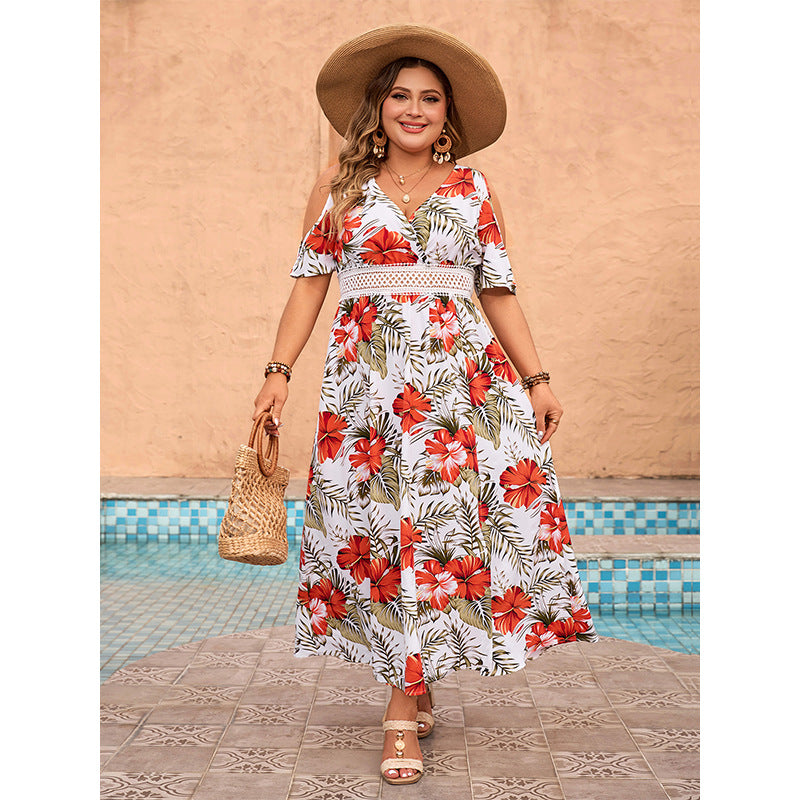 Women Off Shoulder Printed Dress V Neck Short Sleeve Loose Dress