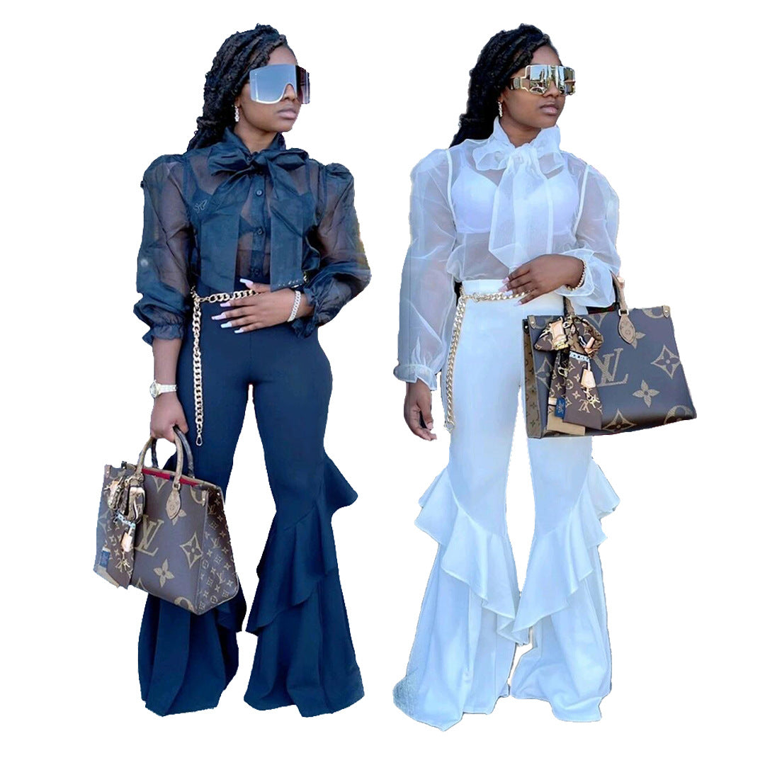 Sexy Mesh Tops Bell Bottom Pants Women's Casual Two Piece Set 8