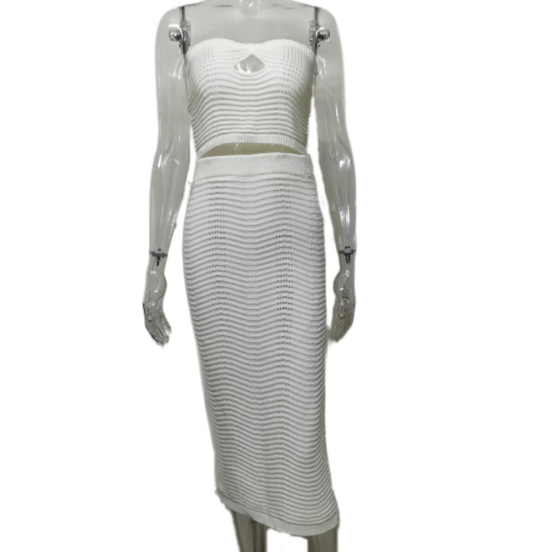 Women Spring Sleeveless Strapless Top and Slit Skirt Two-piece Set 7