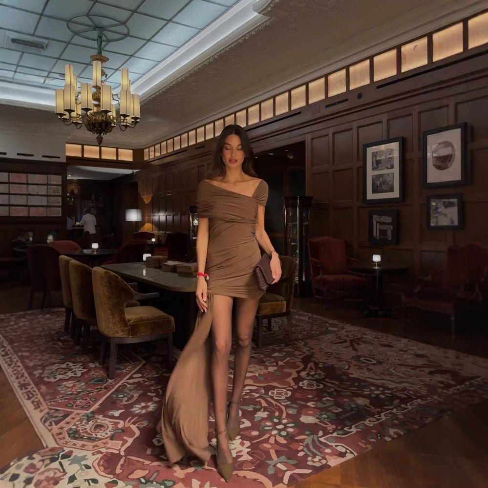 Women Slash Shoulder Off-The-Shoulder Pleated Solid Bodycon Dress 3