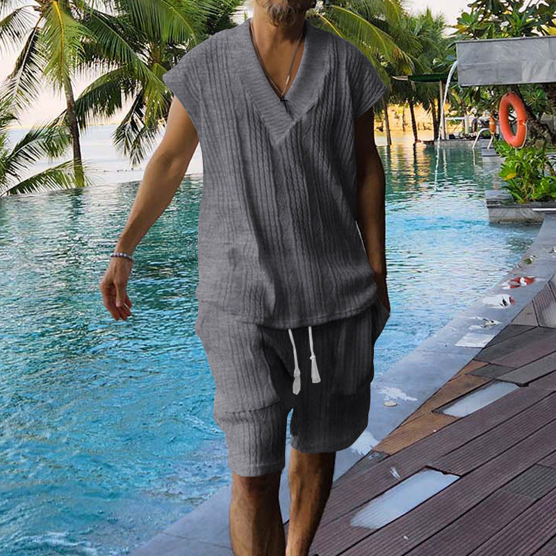 Men's Summer Loose Sleeveless T-Shirt Shorts Men's Summer Casual Jacquard Knitting Set 9