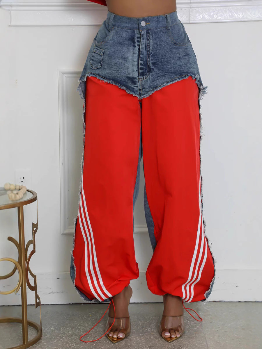 Women’s Streetwear Denim Patchwork Striped Drawstring Pants 10