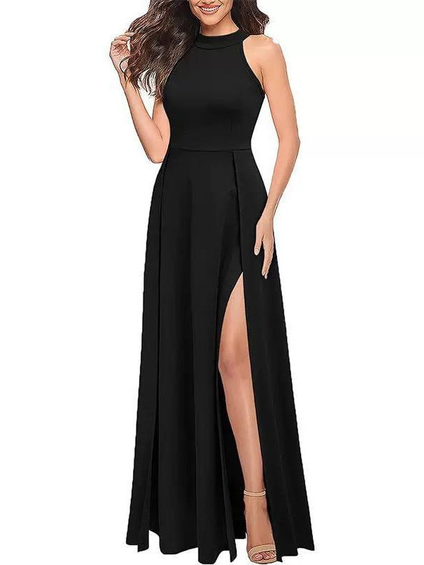 Solid Color Round Neck Sleeveless Slim Waist Slit Dress Long Gown 6