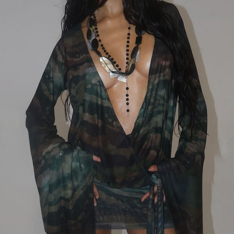 Women Summer V Neck Sexy Mesh Print Bodycon Dress