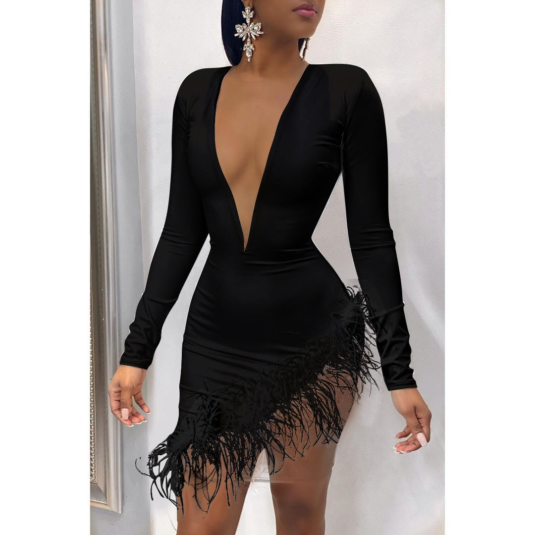 Women Sexy Feather Mesh Patchwork Dress 5