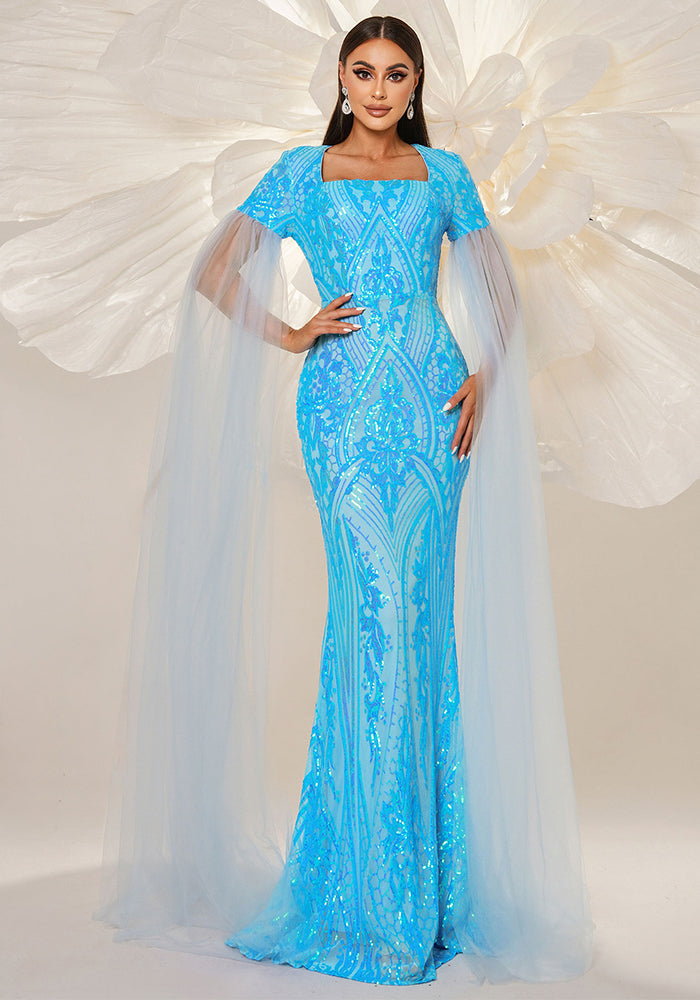 Women long sleeve square neck Formal Party Bodycon sequined fishtail evening dress