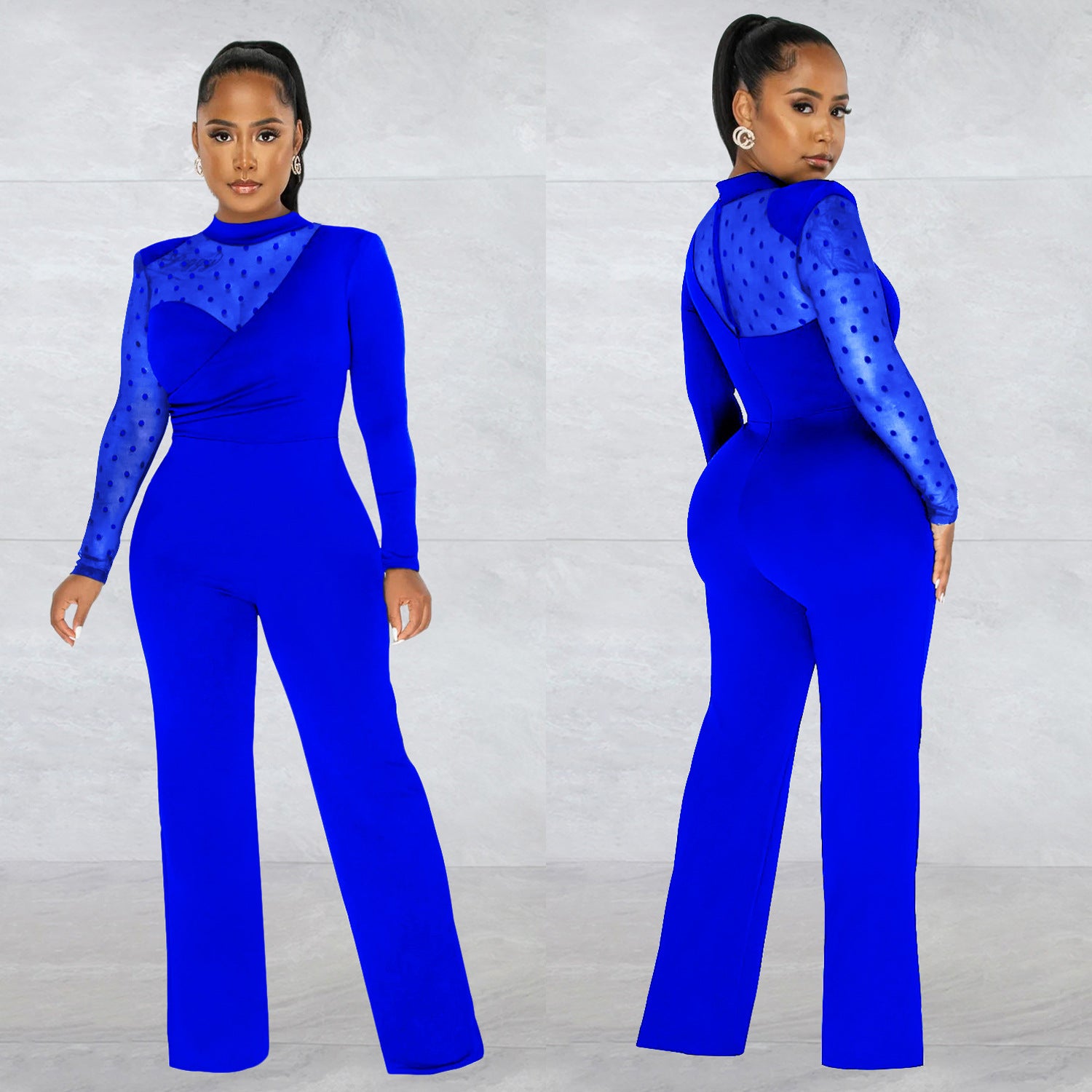 Women mesh See-Through Polka Dot Long Sleeve Jumpsuit