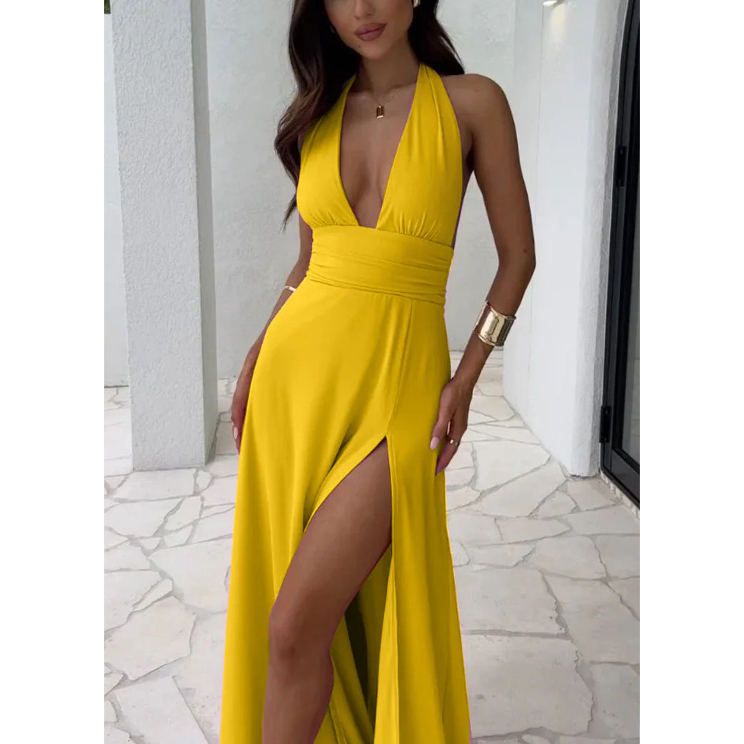 Women's Halter V-Neck Lace-Up Slit Maxi Dress 4
