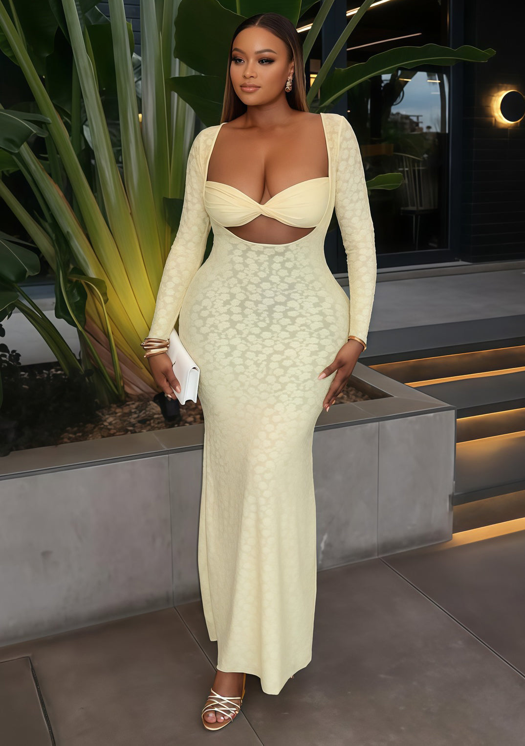 Women's Autumn Solid Color Long Sleeve Wrap Tight Fitting Chic Long Dress