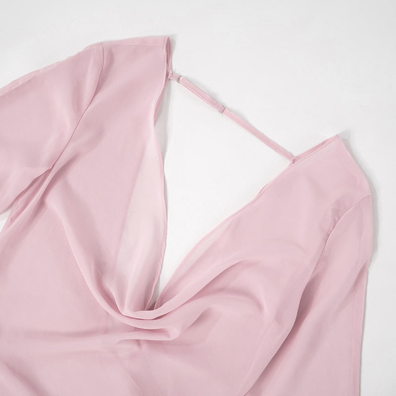 Women Summer Sexy See-Through Swing Collar Long Sleeve Backless Dress 5