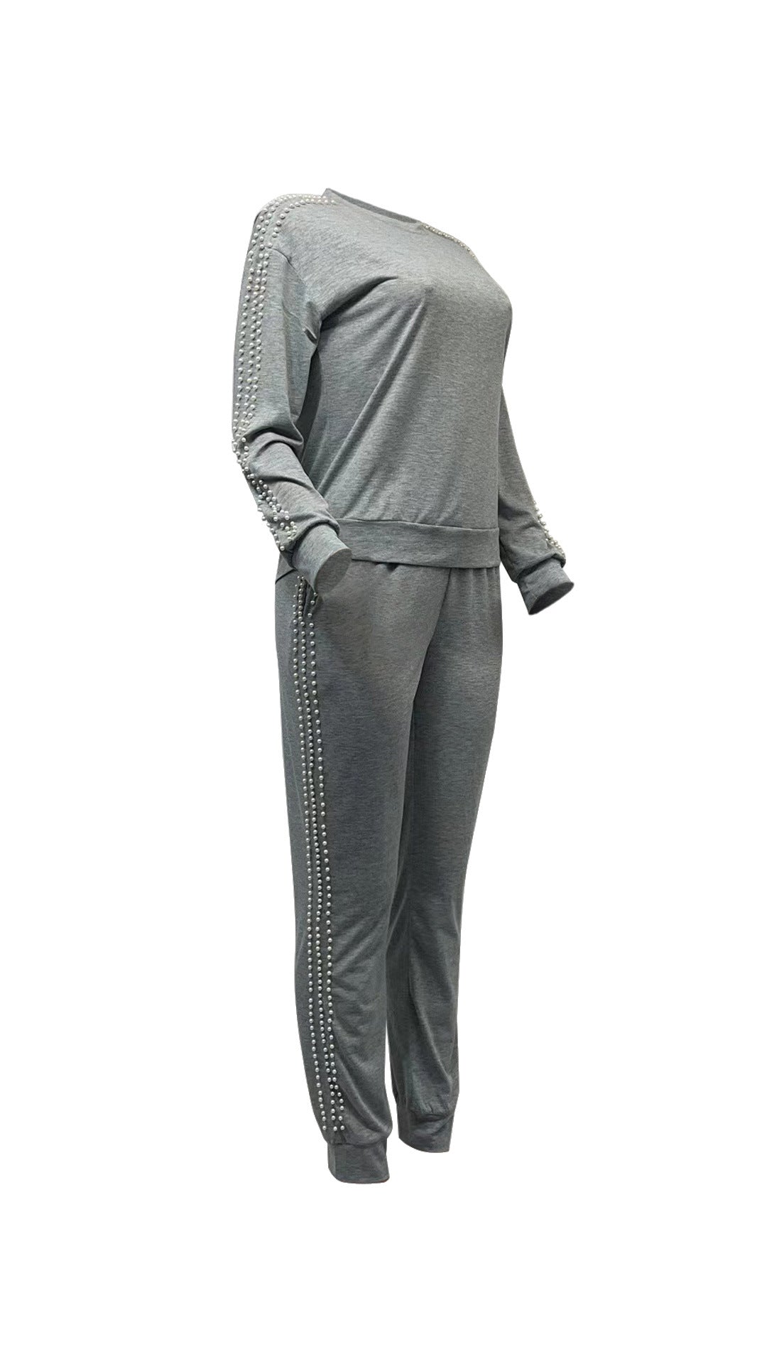 Women Casual Beading Round Neck Long Sleeve Top and Pant Two-piece Set 12