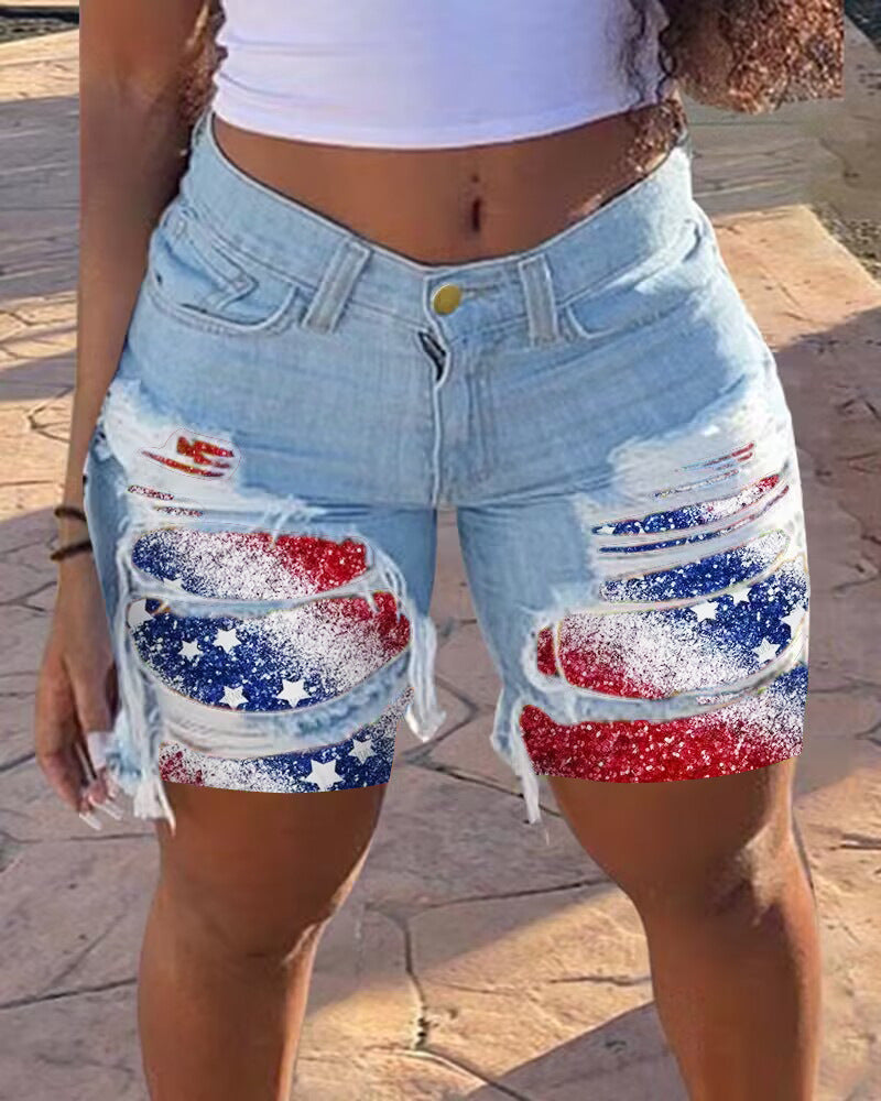 Spring Summer Patched Ripped Mid Women's Denim Shorts 10