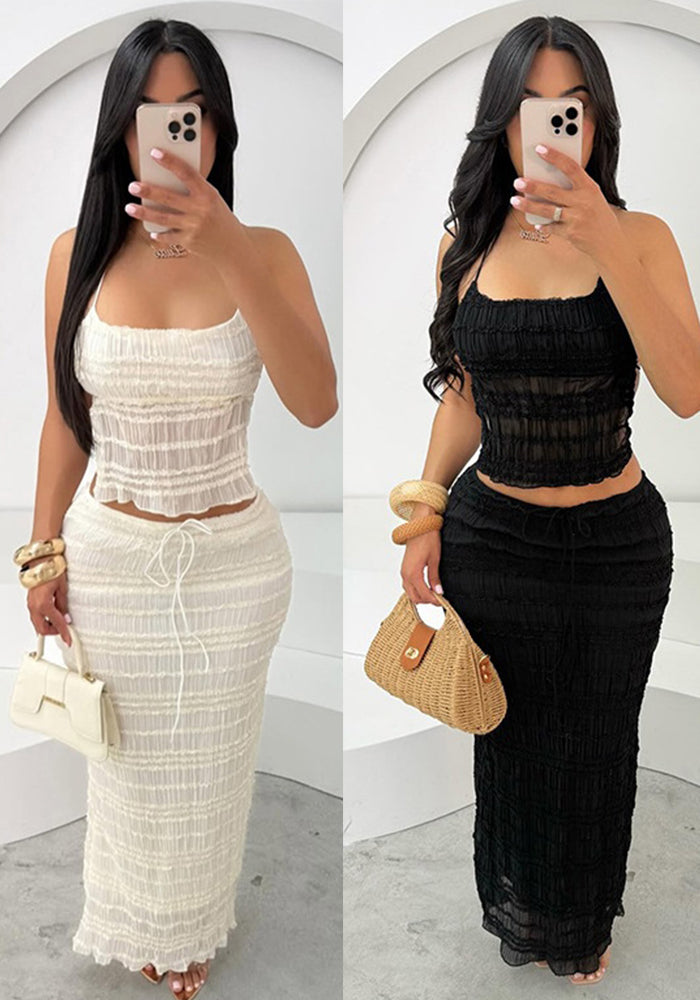 Spring Halter Neck Low Back Vest Pleated Chiffon Sexy Long Skirt Two Piece Set