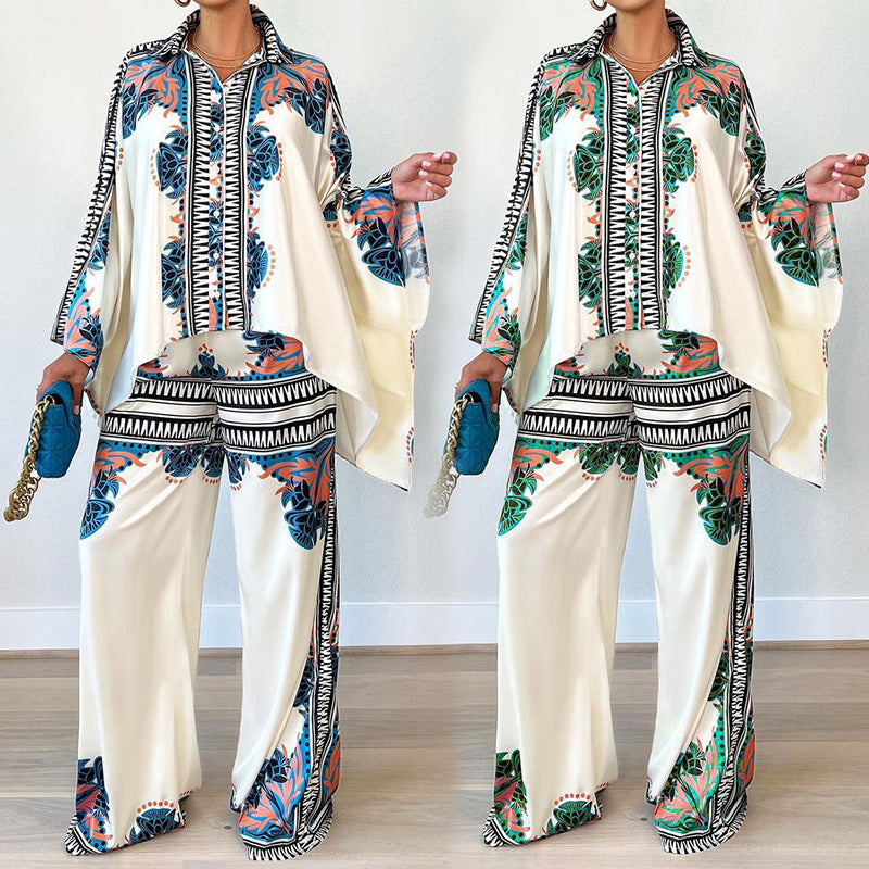 Women clothes Summer Print Bat Sleeves Top Loose Pants Two Piece set