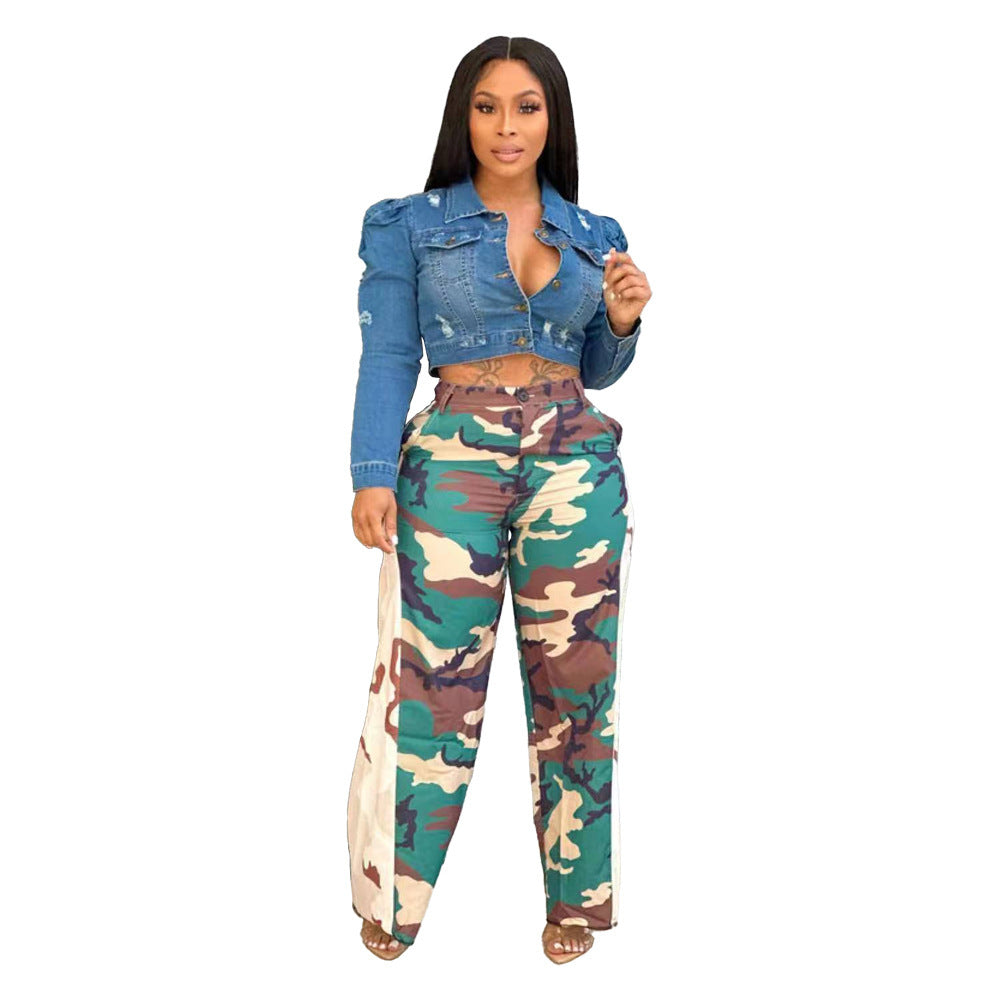 Camouflage Patchwork Bell Bottom Casual Pants 6
