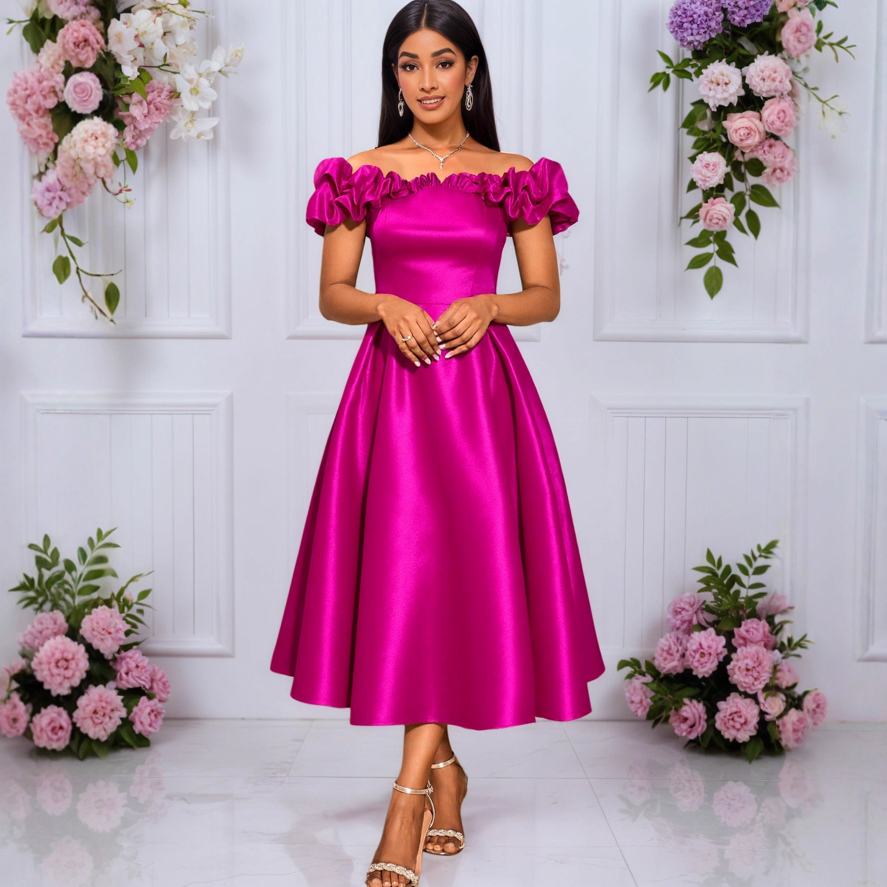 Sexy Off-Shoulder Ruffle Slim Waist A-Line Formal Party Wedding Bridesmaid Chic Midi Dress