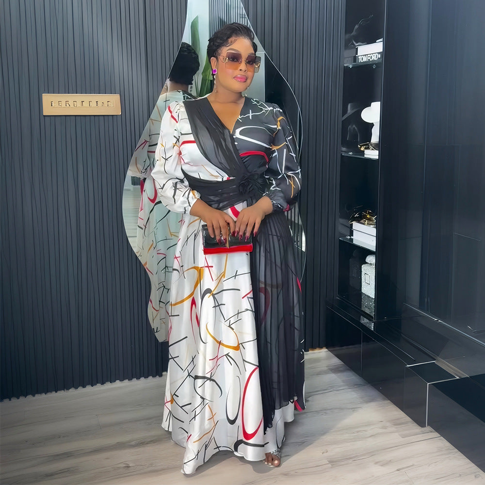 Africa Women's Muslim Color Block Print Plus Size Long Dress 5