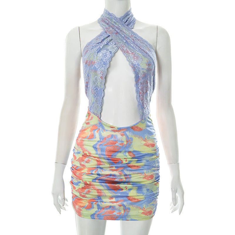 Women's Print Lace Patchwork Cross Halter Neck Bodycon Short Dress 6