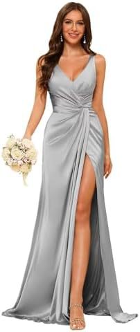Women's Strap V-Neck Bridesmaid Dress Sleeveless Satin High Slit Prom Dress（Processing time need 3-6 days） 12