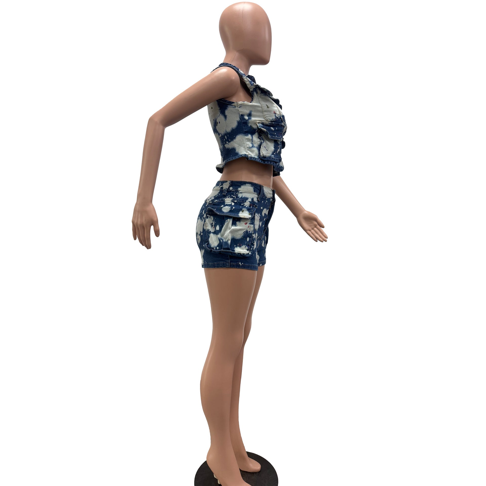 Printed Multi-Pocket Denim Vest Shorts Two Piece Set 6