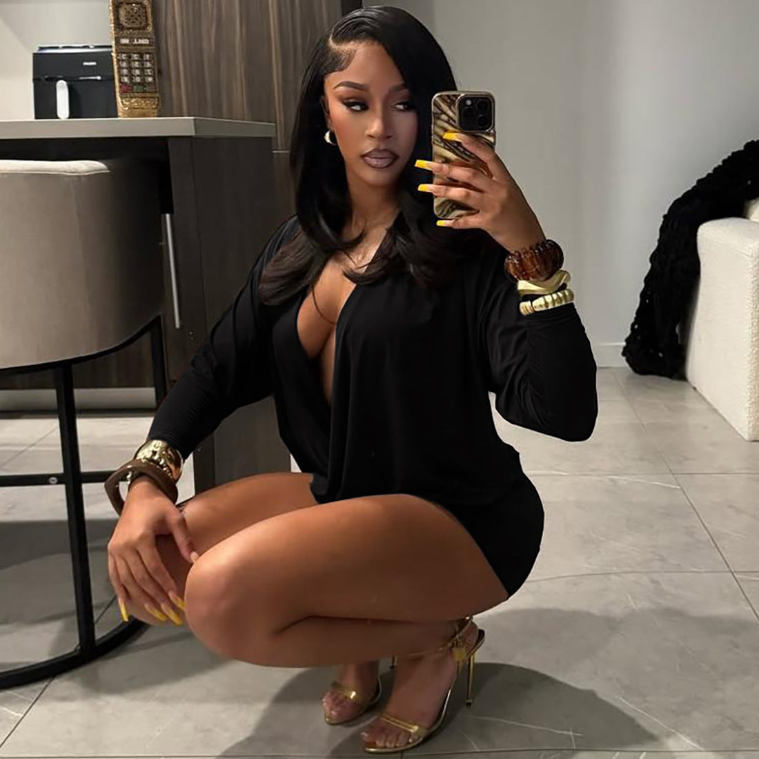 Autumn Outfit Sexy Fashion Deep V-Neck Long Sleeve Bodycon Dress 16