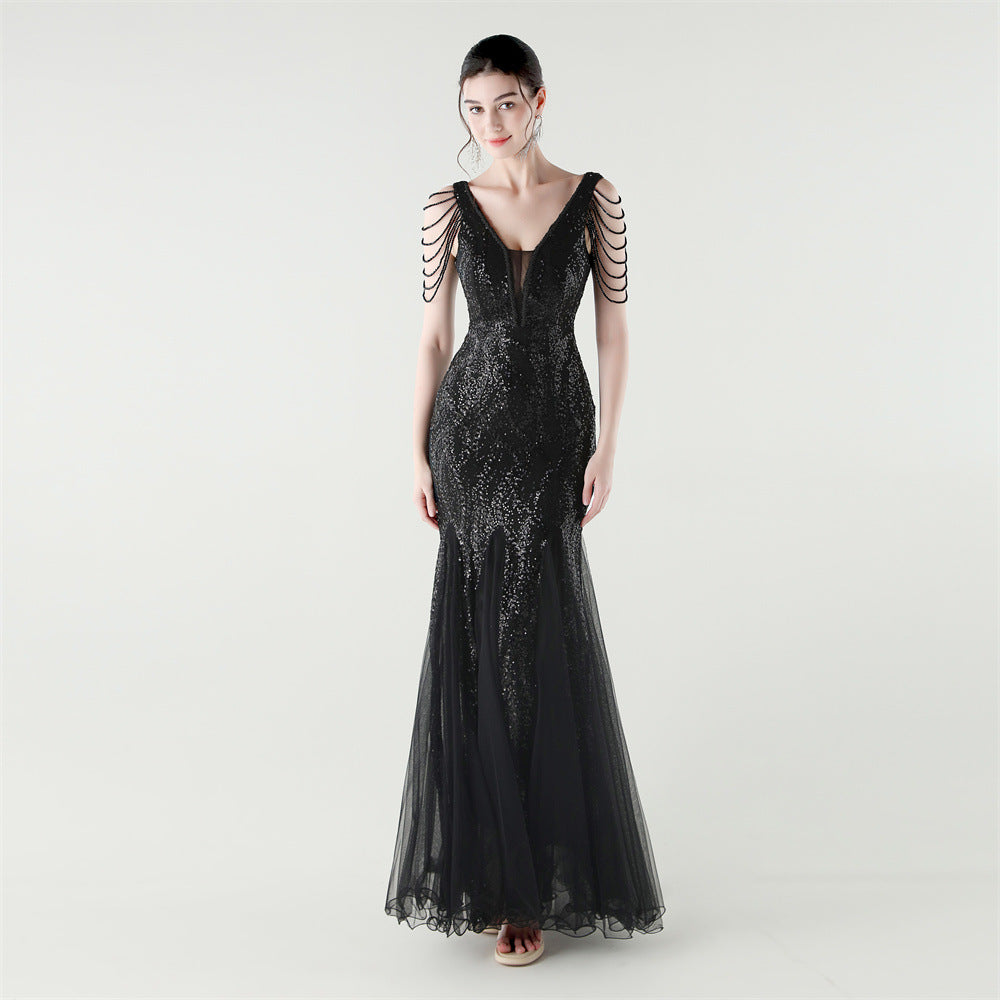 V-Neck Off-Shoulder Mesh Swing Luxury Slim Sequined Evening Dress