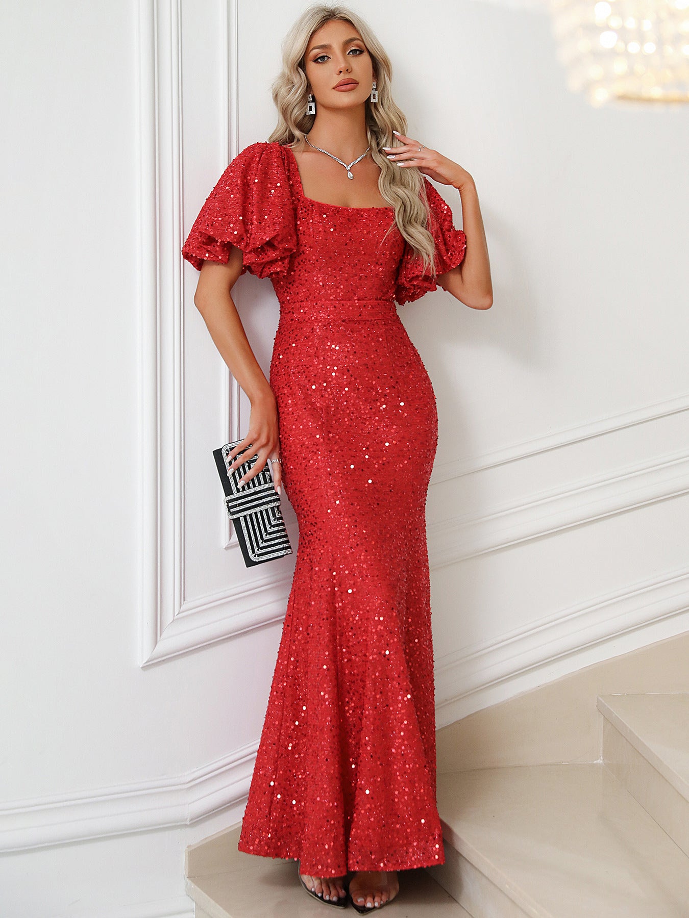 Women's Sequin Square Neck Slim Formal Party Evening Dress 3