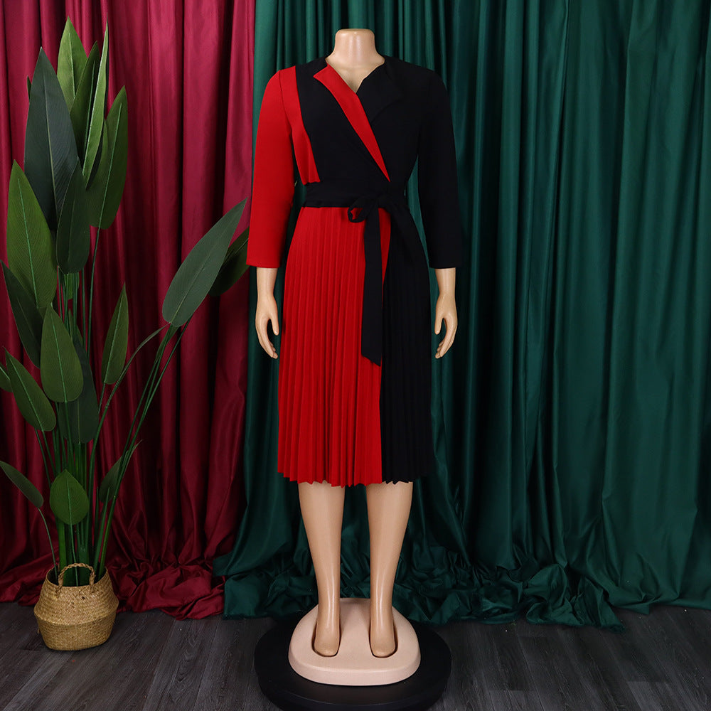 Africa Plus Size Women's Fashion Chic COLorblock Lace-Up Pleated Elegant Dress 25