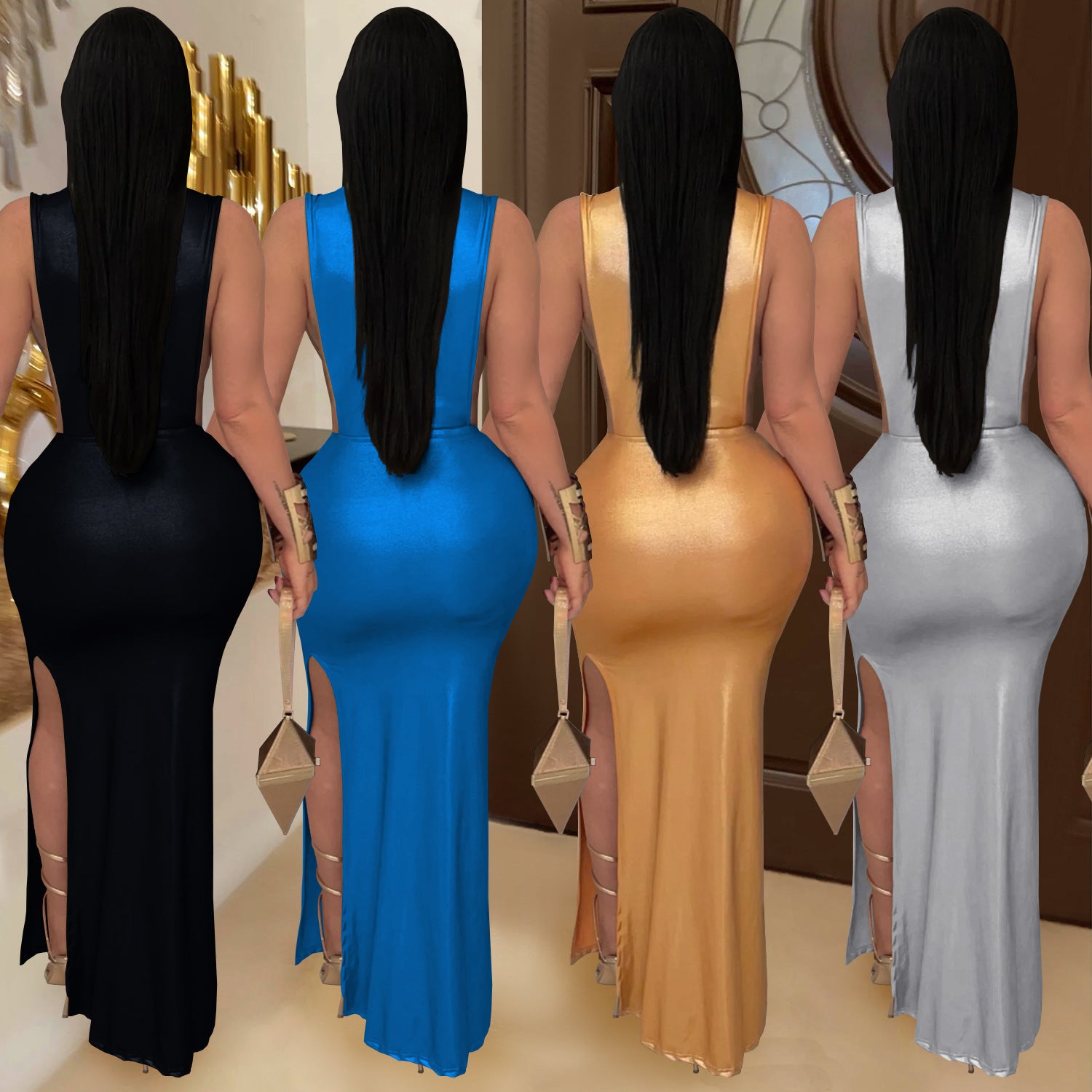 Women Sexy Elegant High-Neck Slit Dress 6