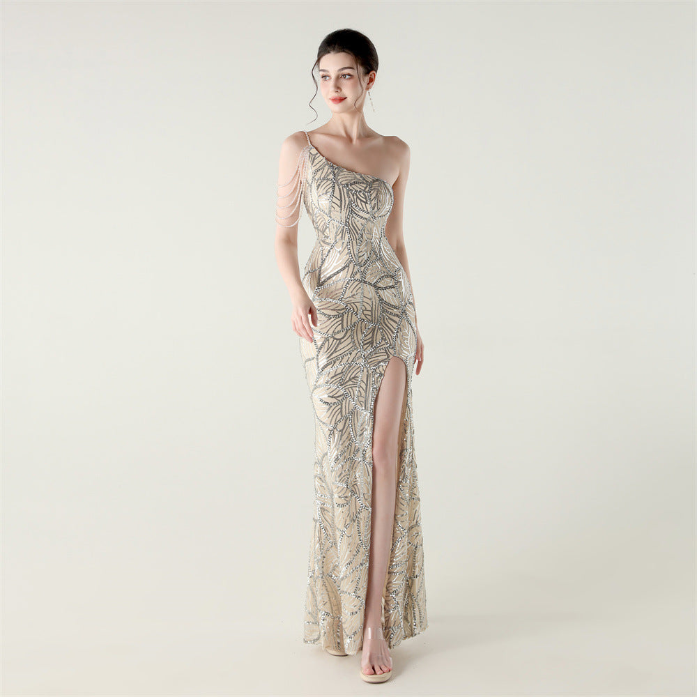 Women One Shoulder Beaded Sequin Embroidery Formal Party Prom Wedding Evening Dress 15