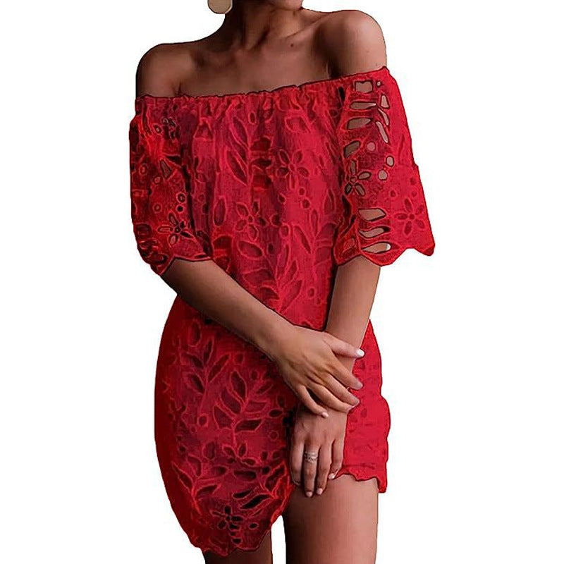 Spring Summer Solid Color Lace Half-Sleeve Off Shoulder Fashion Casual Dress 7