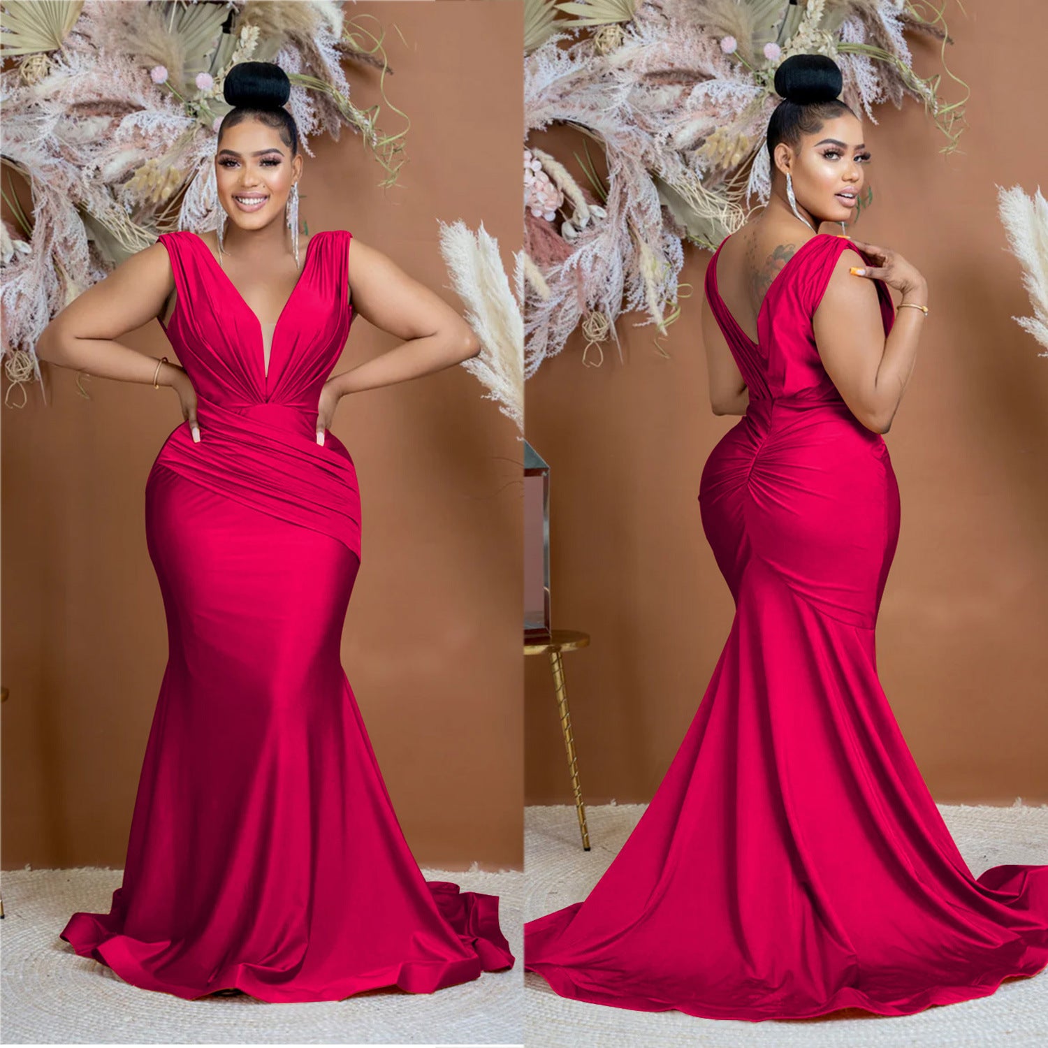 Women Solid V-Neck Sleeveless Pleated Maxi Dress 6