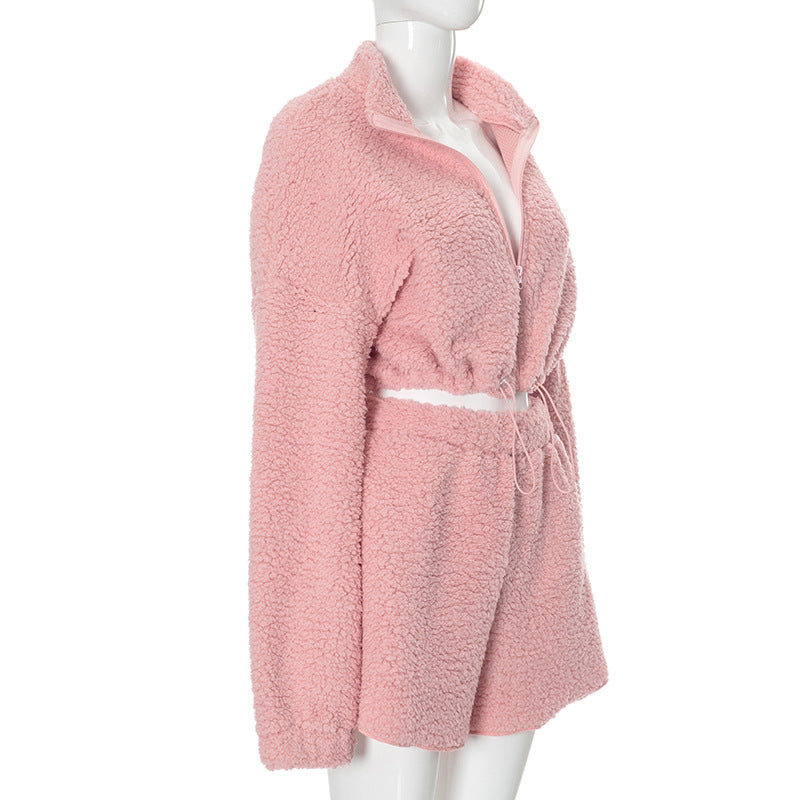 Autumn and Winter Women's Fluffy Casual zipper long sleeve two piece shorts Set 7