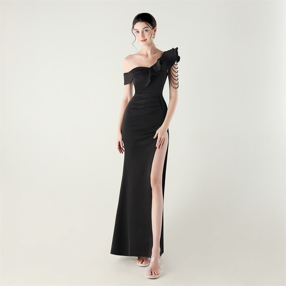 Women pleated one-shoulder beaded ruffle fishtail formal party evening dress 14