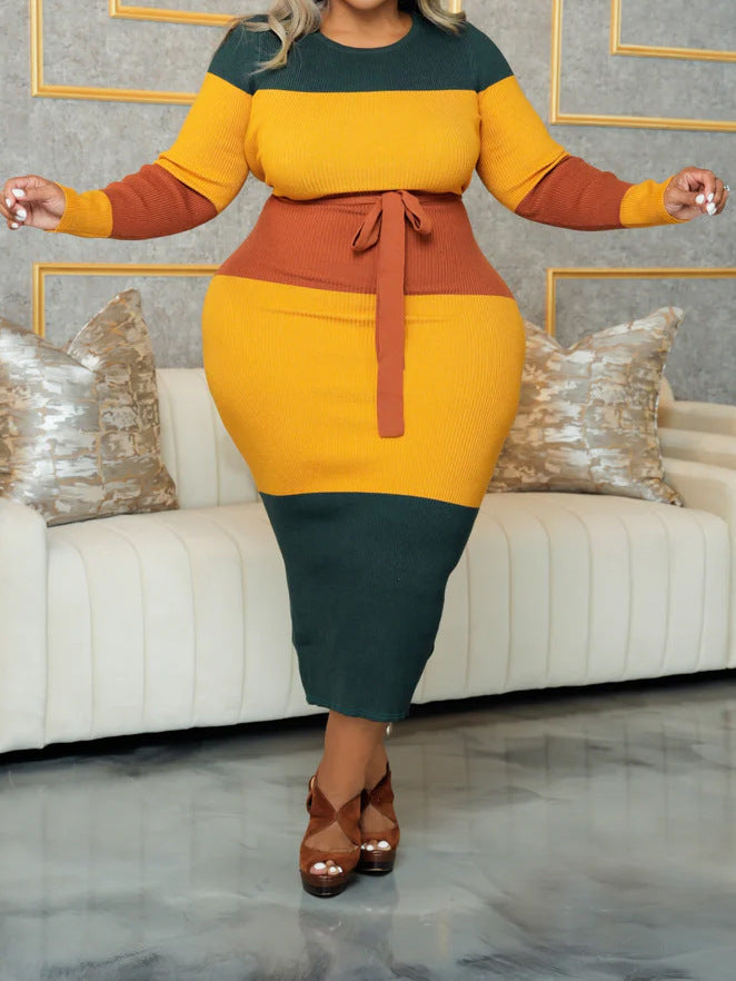 Plus Size Women Round Neck Bodycon Contrast Dress