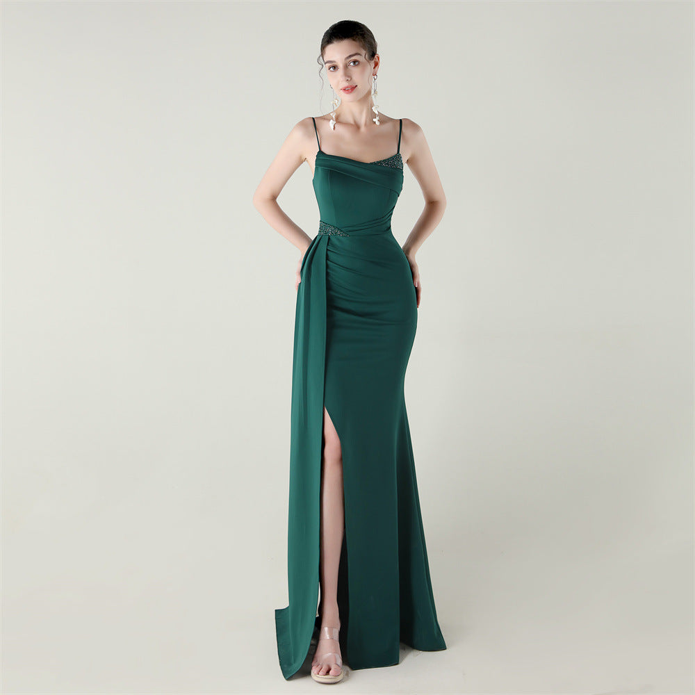Women satin beaded chain fishtail slit evening dress 8