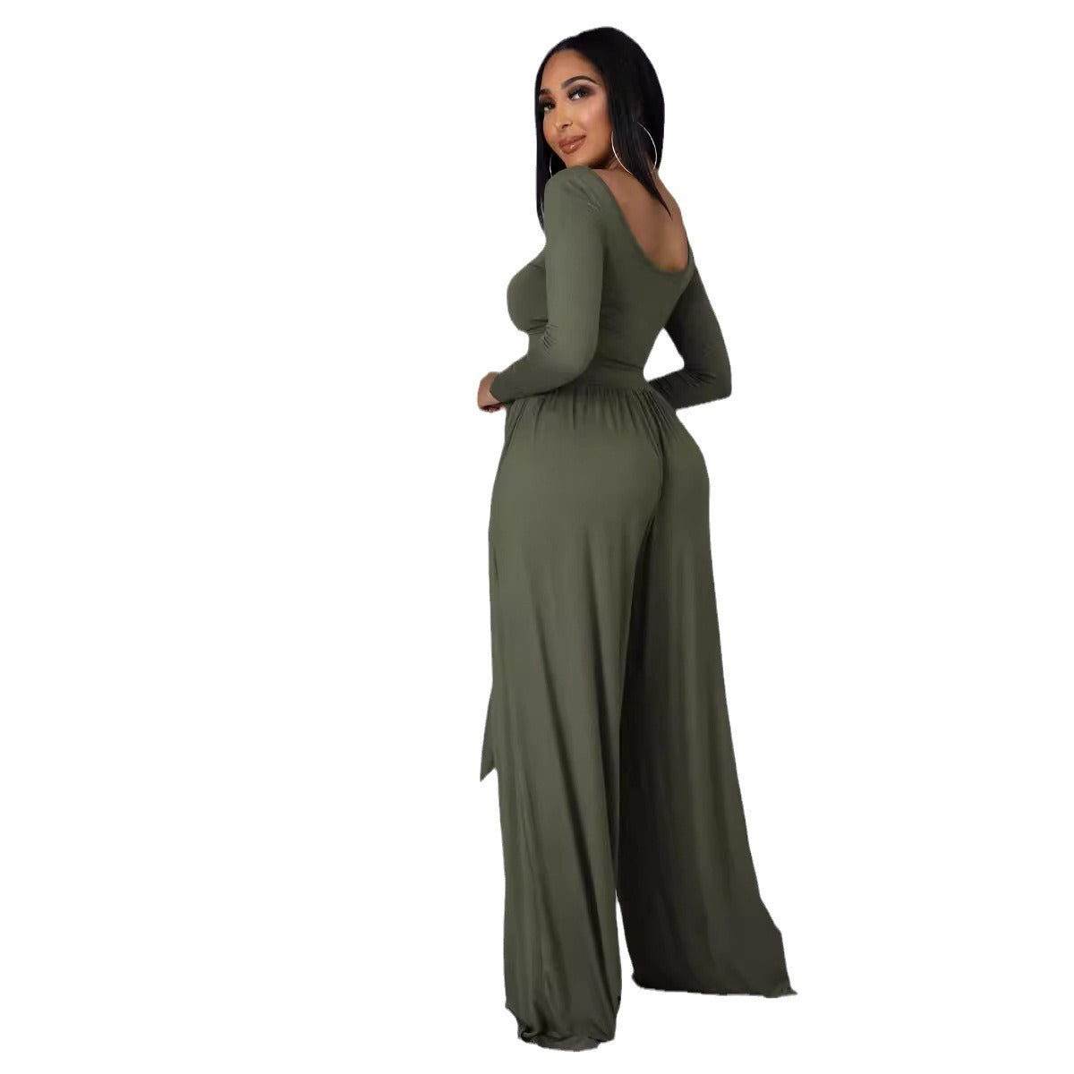 Fashion Solid Color Casual Round Neck Long-Sleeved Top Wide-Leg Trousers Two Piece Set 8