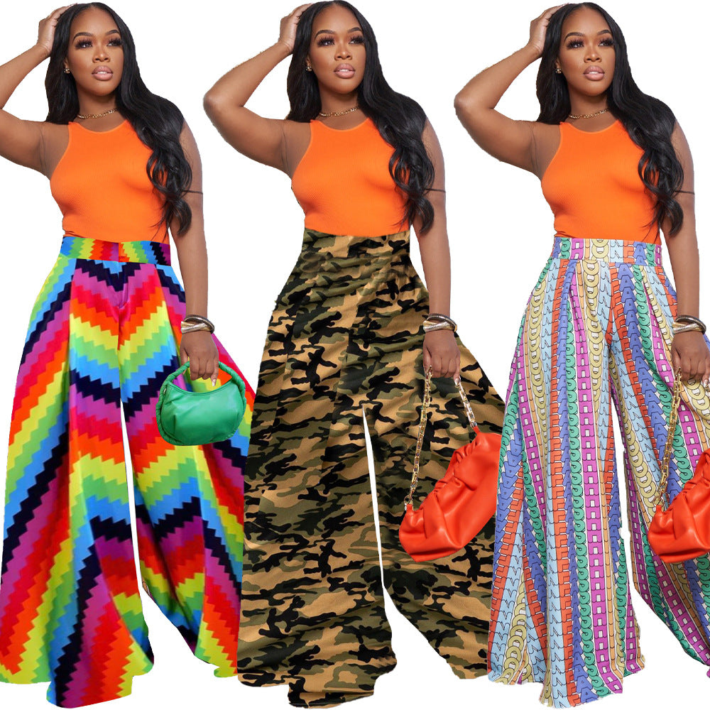 women's wide legges high waist casual print trousers