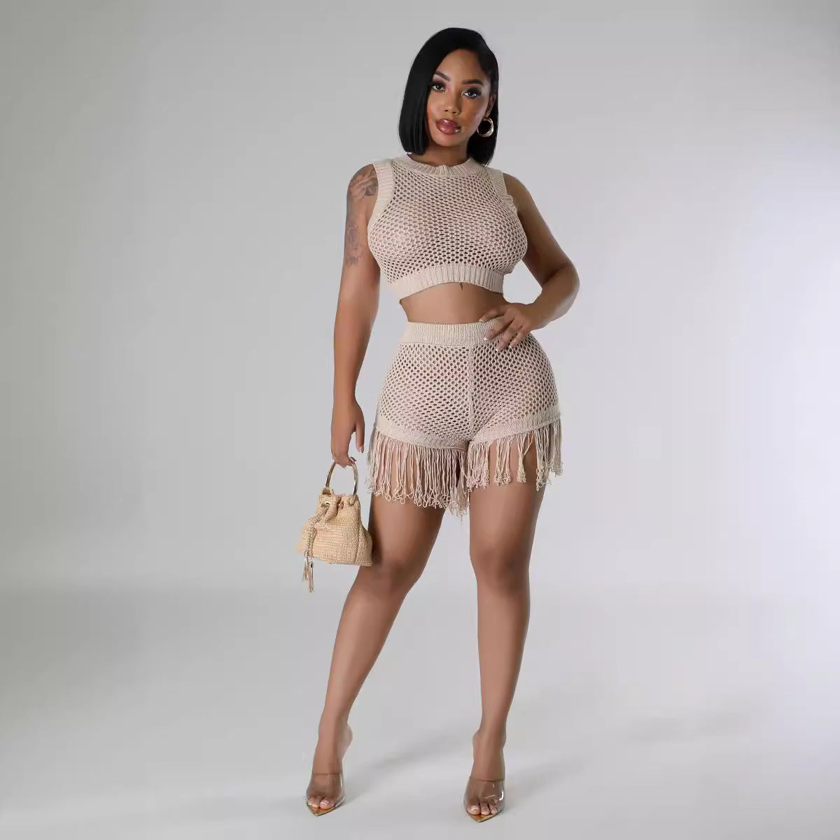 Women knitting Crochet hollow tassel sexy Top and shorts two-piece set 6