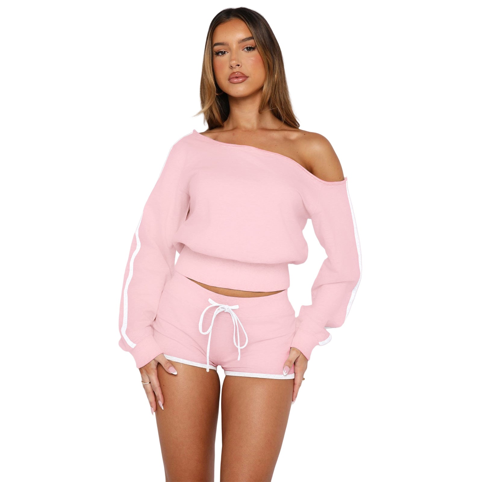 Women's Casual Slash Shoulder Long Sleeve Top Drawstring Shorts Two-Piece Set 62