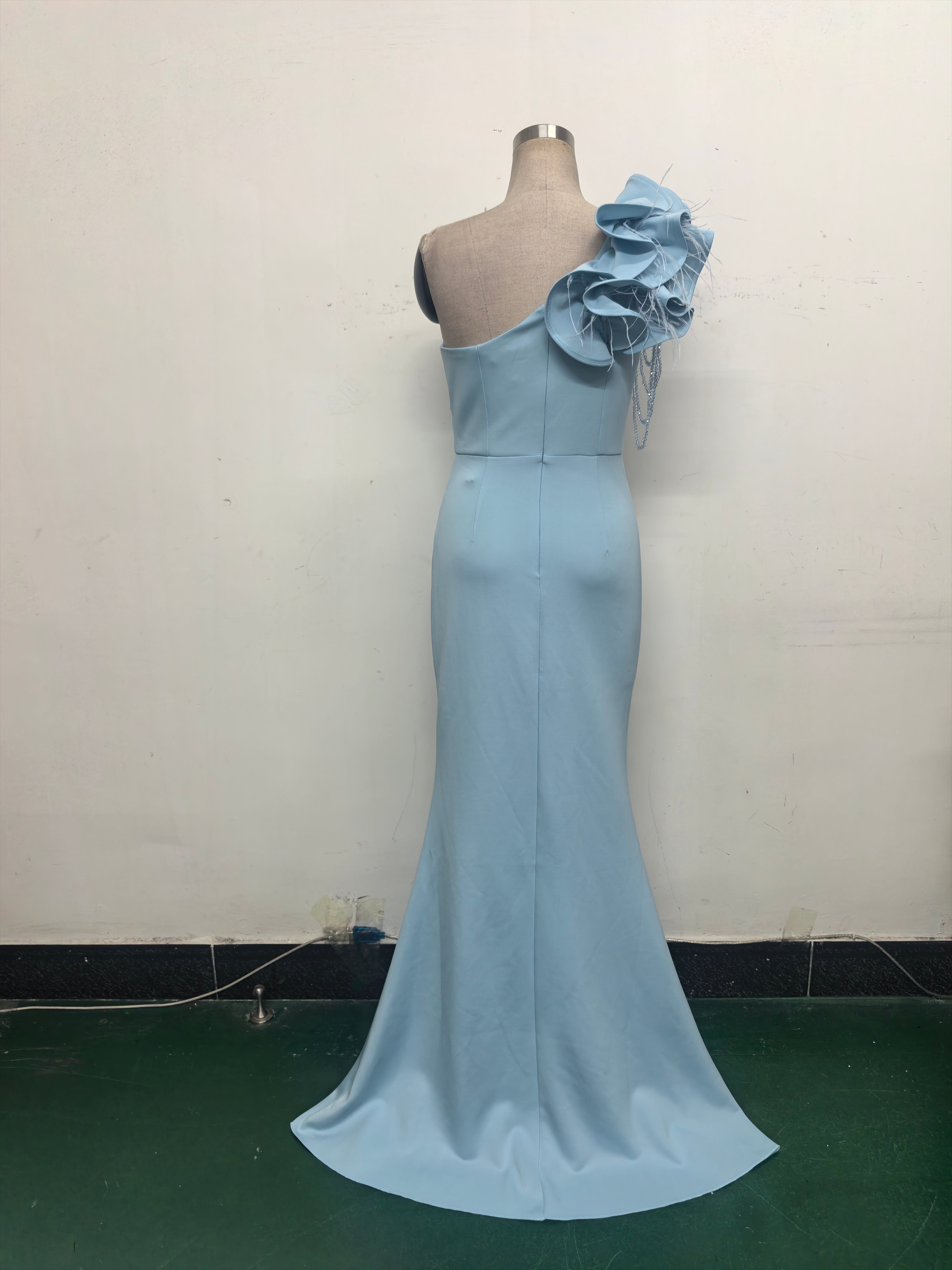 Women One-Shoulder Beaded Wool and Floral Satin Slit Sexy Evening Dress 35