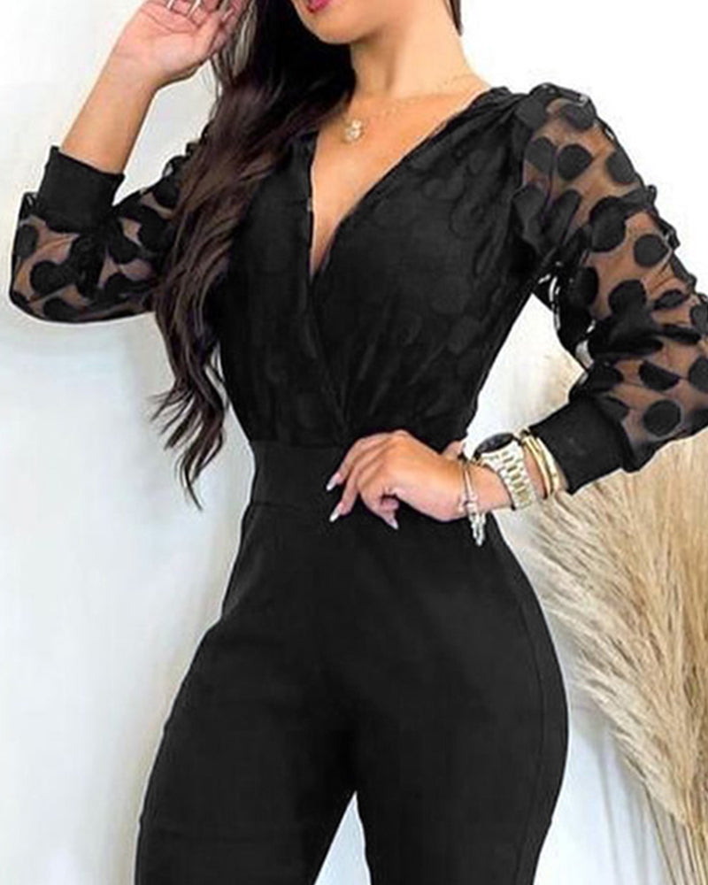 Career Women's Black Mesh Polka Dot Long Sleeve Jumpsuit 5