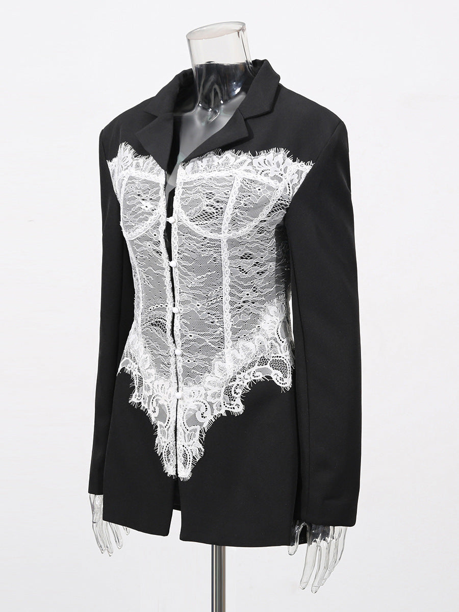Women Lace Patchwork Buttoned V-Neck Long-Sleeved Blazer 4
