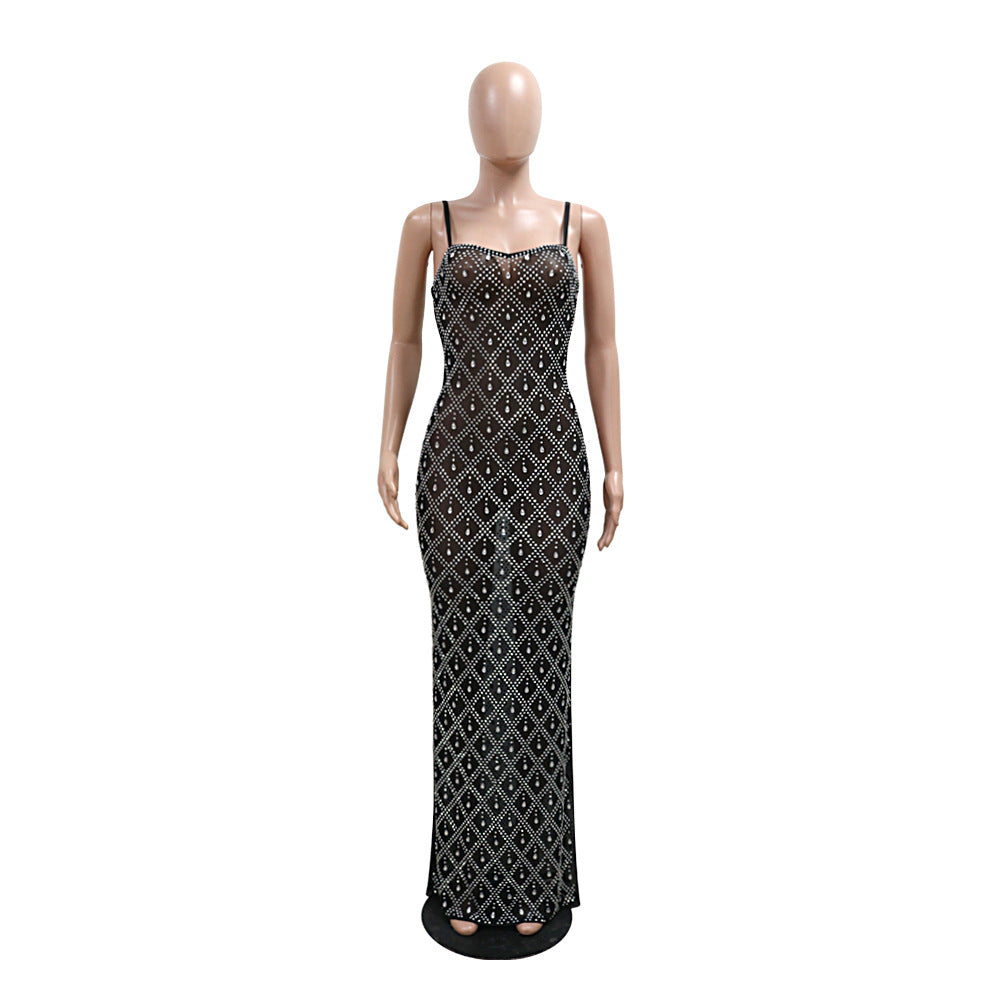 Women Party Sexy Beaded Bodycon Maxi Dress 8
