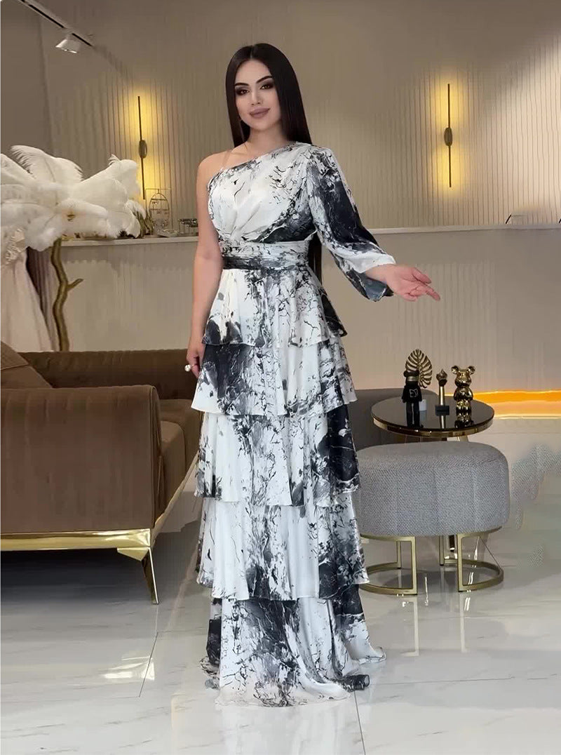 Summer U-Neck Printed Long-Sleeved Bell Bottom Sleeve Fashionable Slim Women's Dress 4