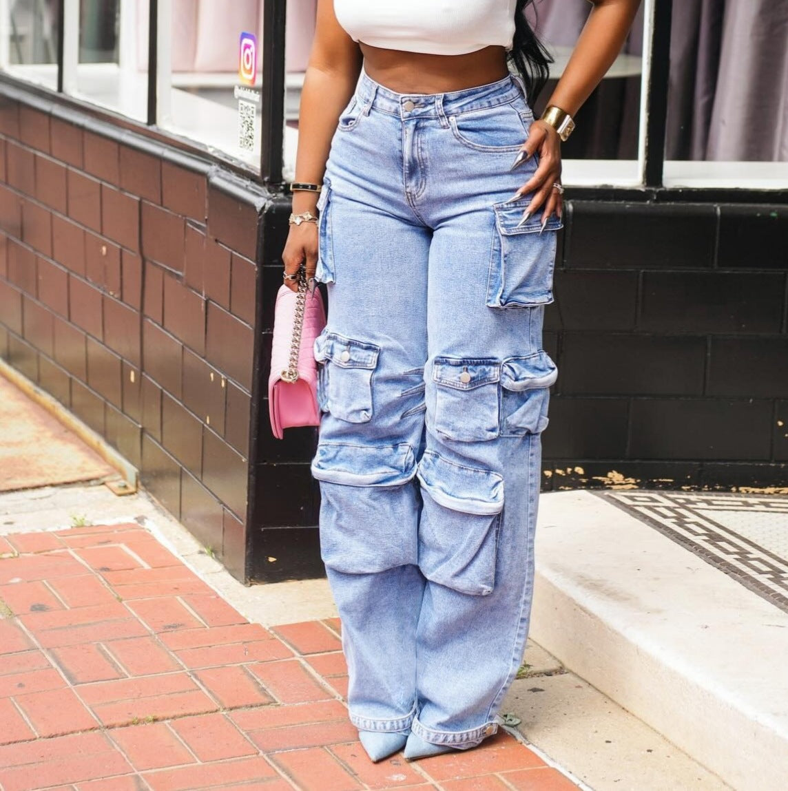 Women's Fashion Loose Straight Leg Washed Multi-Pocket Fashion Street Denim Pants